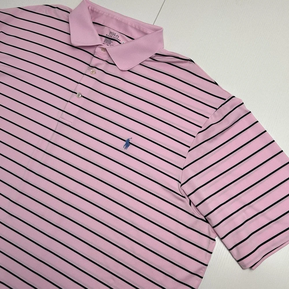 Polo Ralph Lauren Striped Performance Polo Men 4XLT Stretch Pink/Black Golf